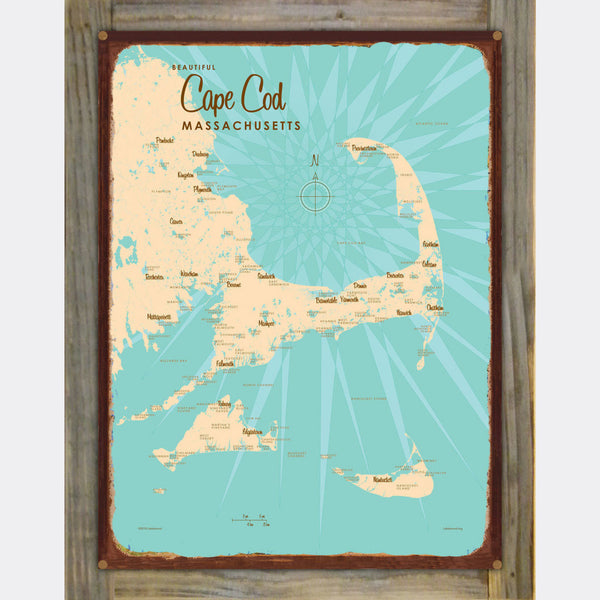 Cape Cod Massachusetts, Wood-Mounted Rustic Metal Sign Map Art