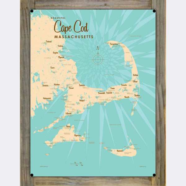 Cape Cod Massachusetts, Wood-Mounted Metal Sign Map Art
