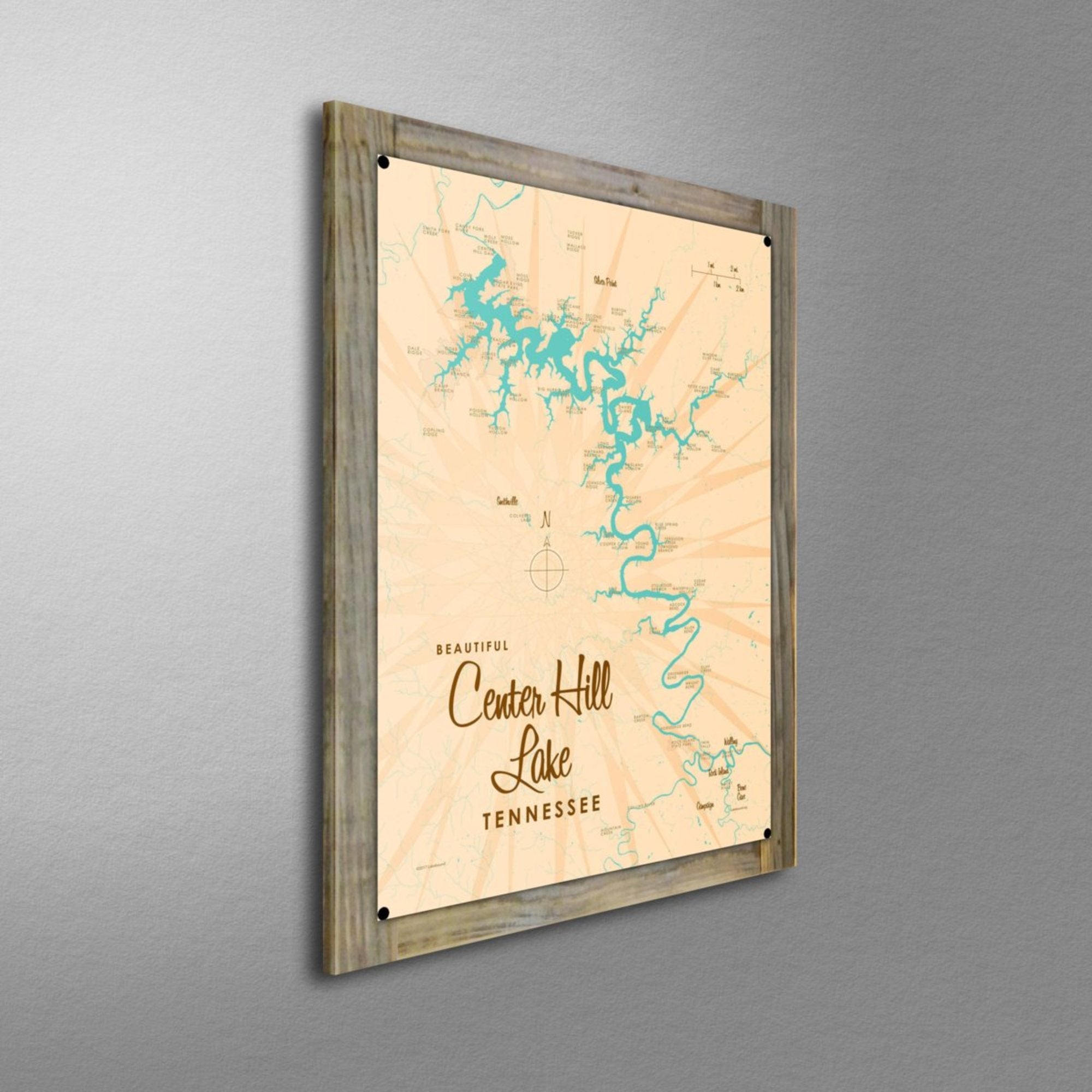 Center Hill Lake Tennessee, Wood-Mounted Metal Sign Map Art