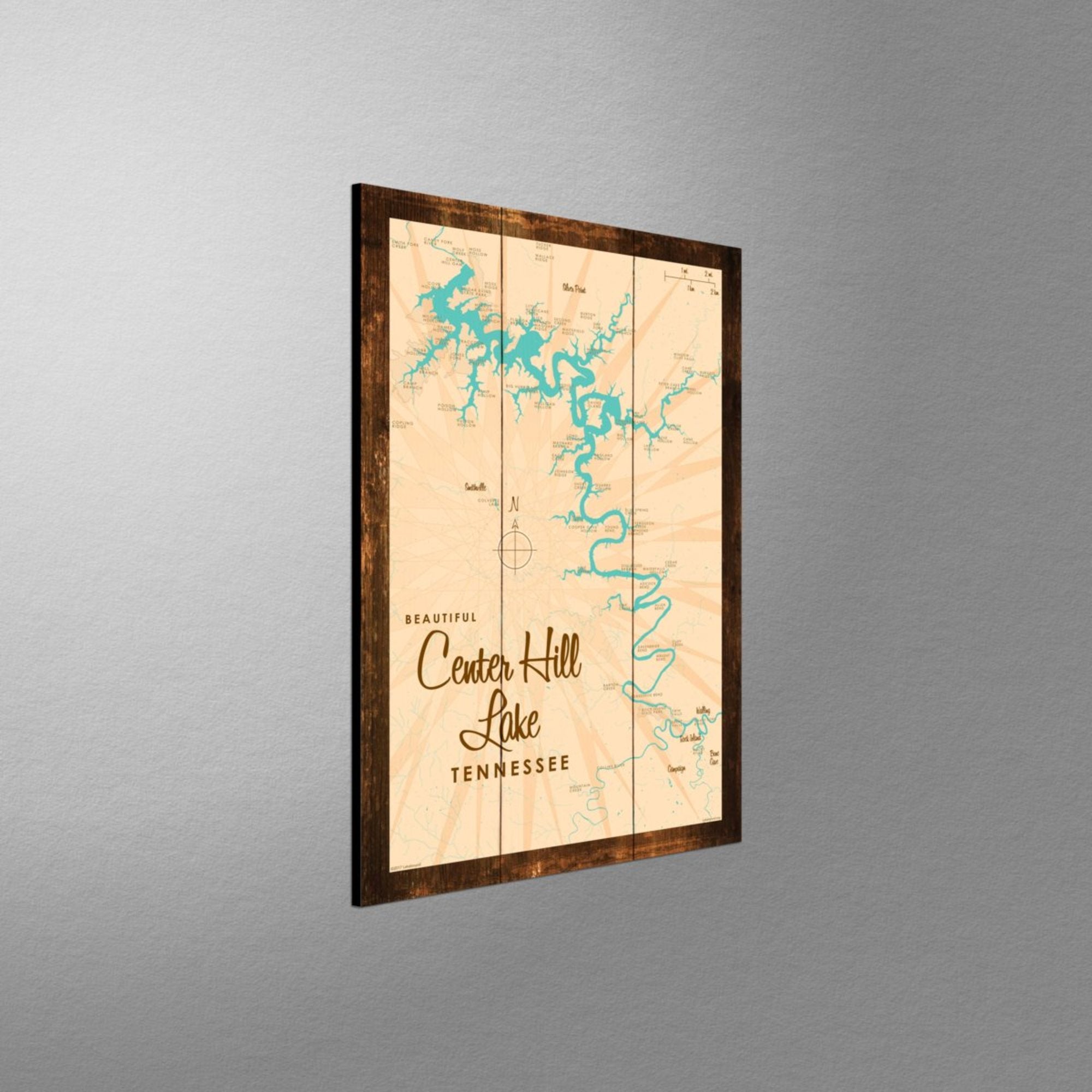 Center Hill Lake, Tennessee, Rustic Wood Sign Map Art