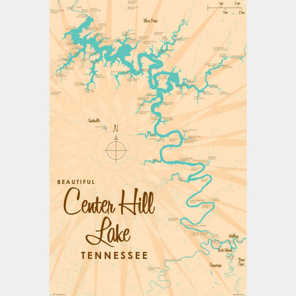 Center Hill Lake Tennessee, Metal Sign Map Art
