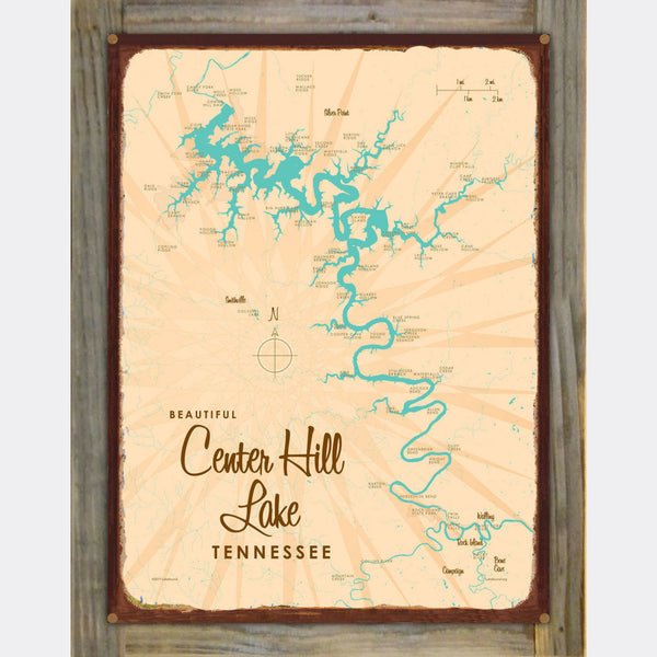 Center Hill Lake Tennessee, Wood-Mounted Rustic Metal Sign Map Art