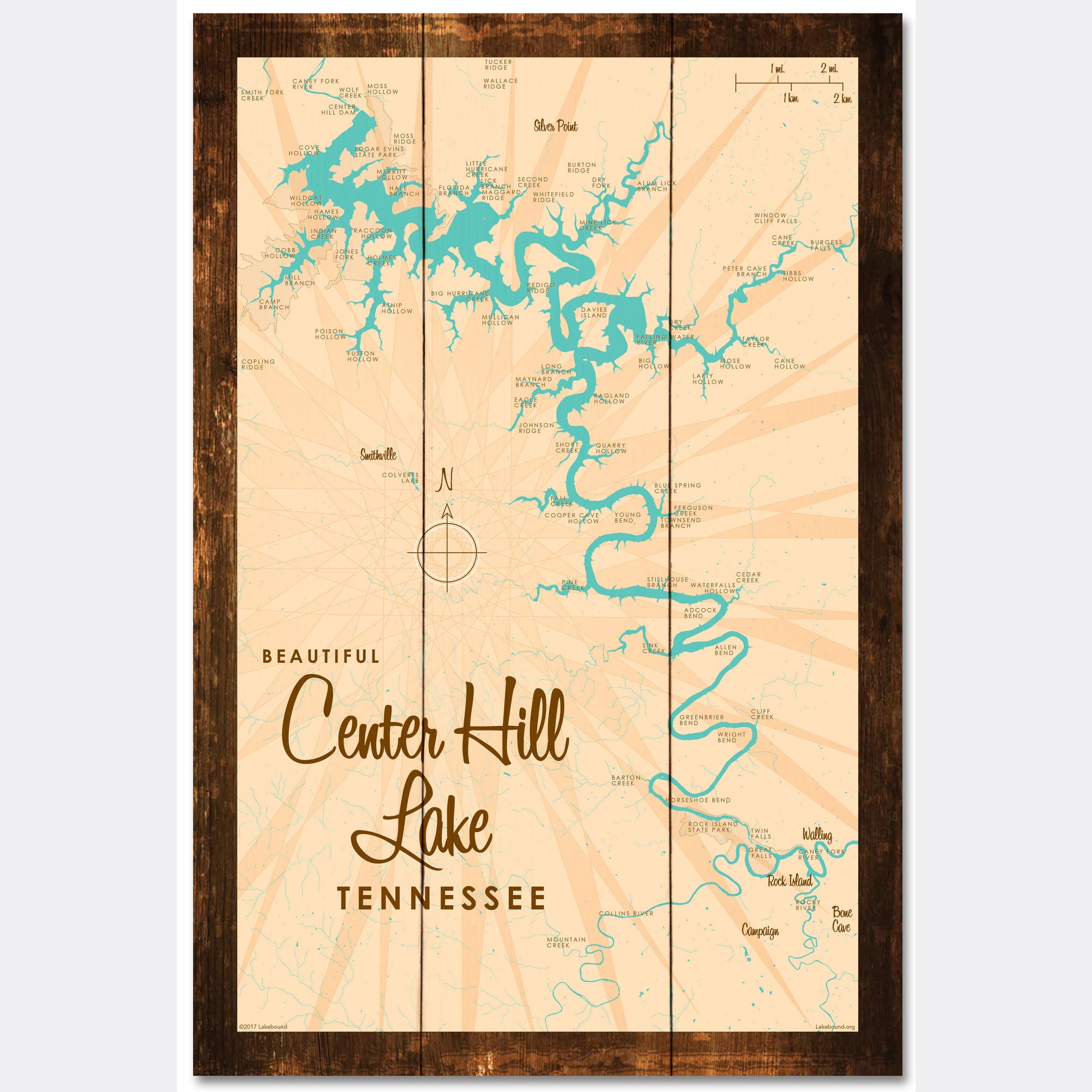 Center Hill Lake, Tennessee, Rustic Wood Sign Map Art
