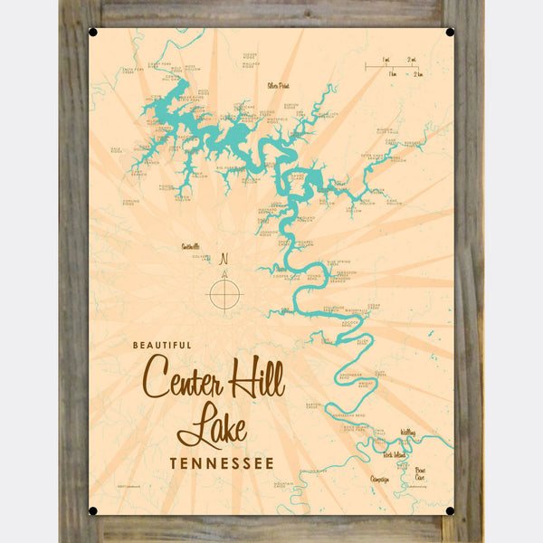 Center Hill Lake Tennessee, Wood-Mounted Metal Sign Map Art