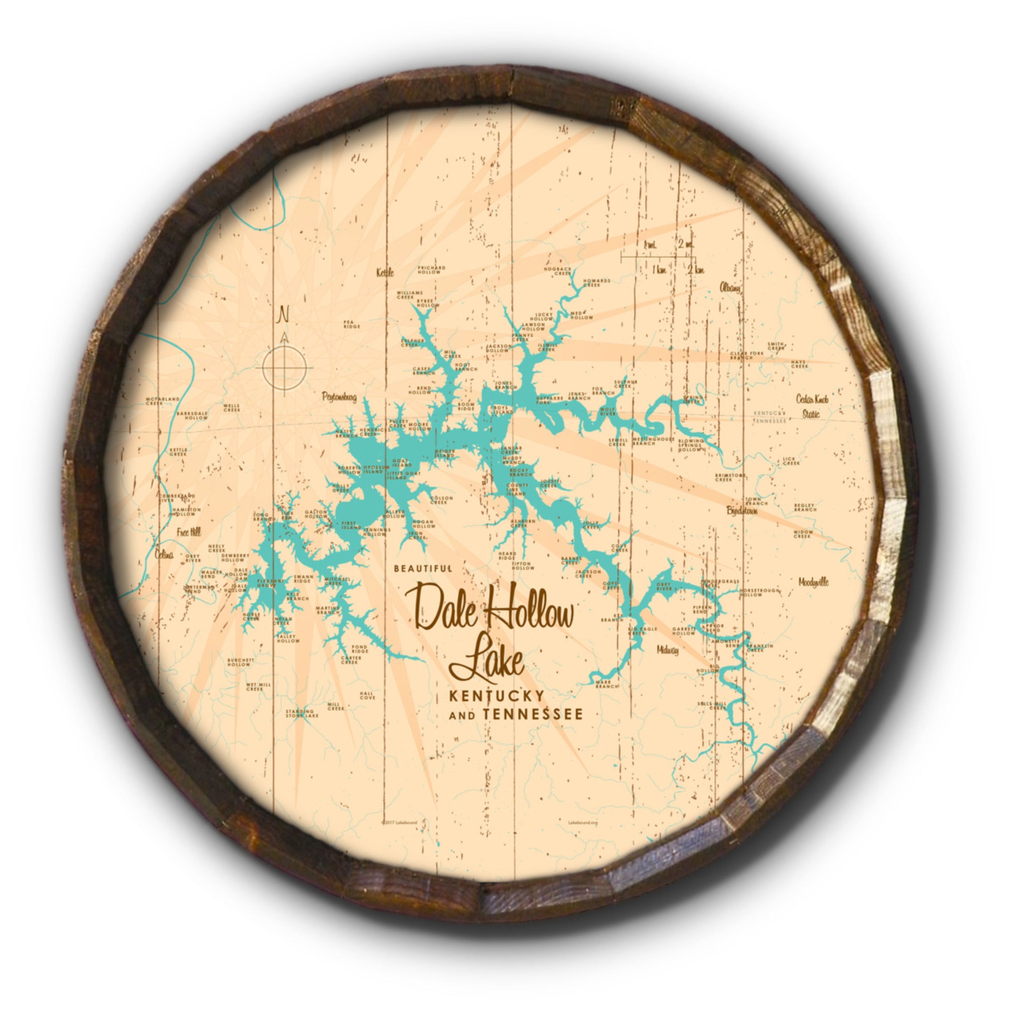 Dale Hollow Lake, Kentucky & Tennessee, Rustic Barrel End Map Art
