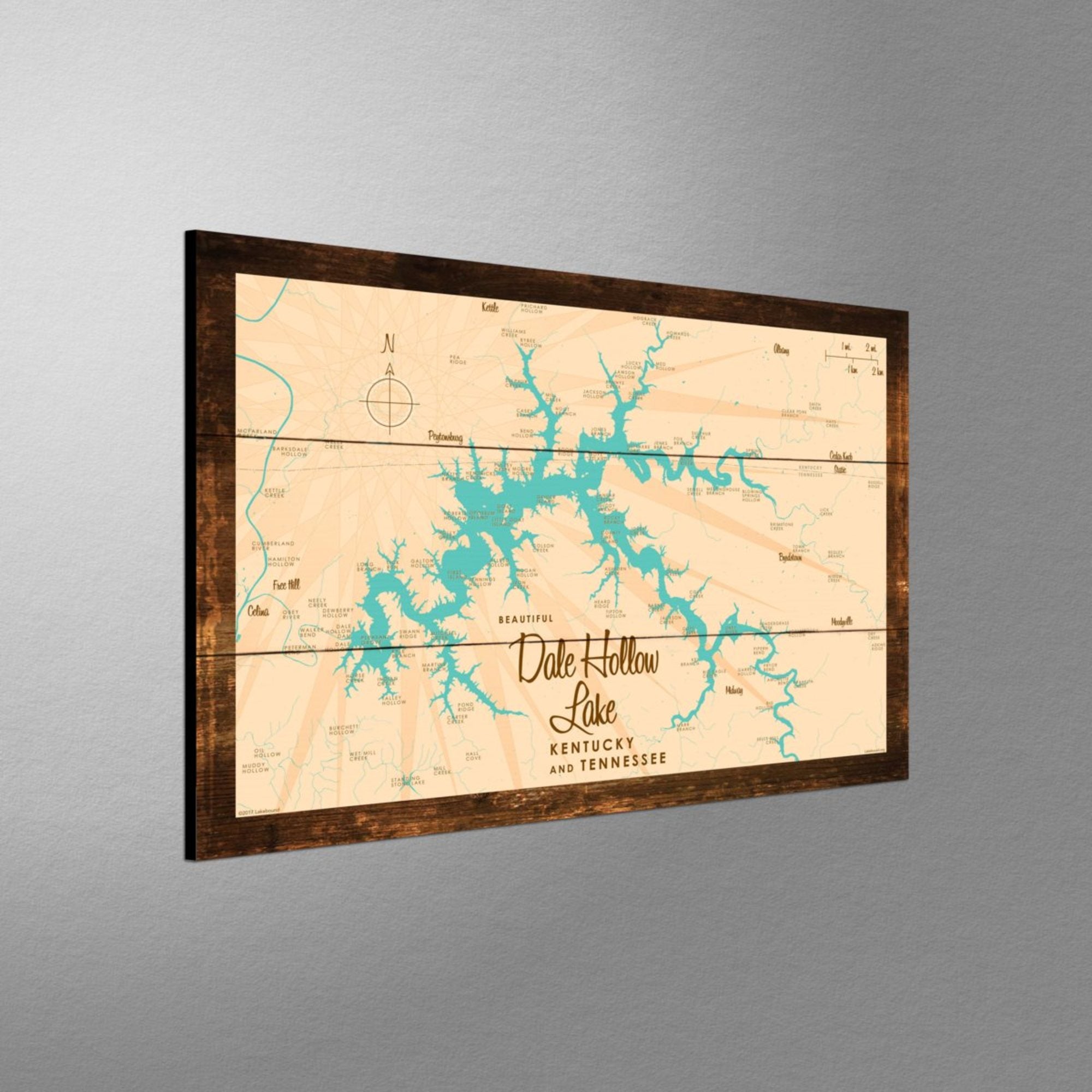 Dale Hollow Lake, Kentucky & Tennessee, Rustic Wood Sign Map Art