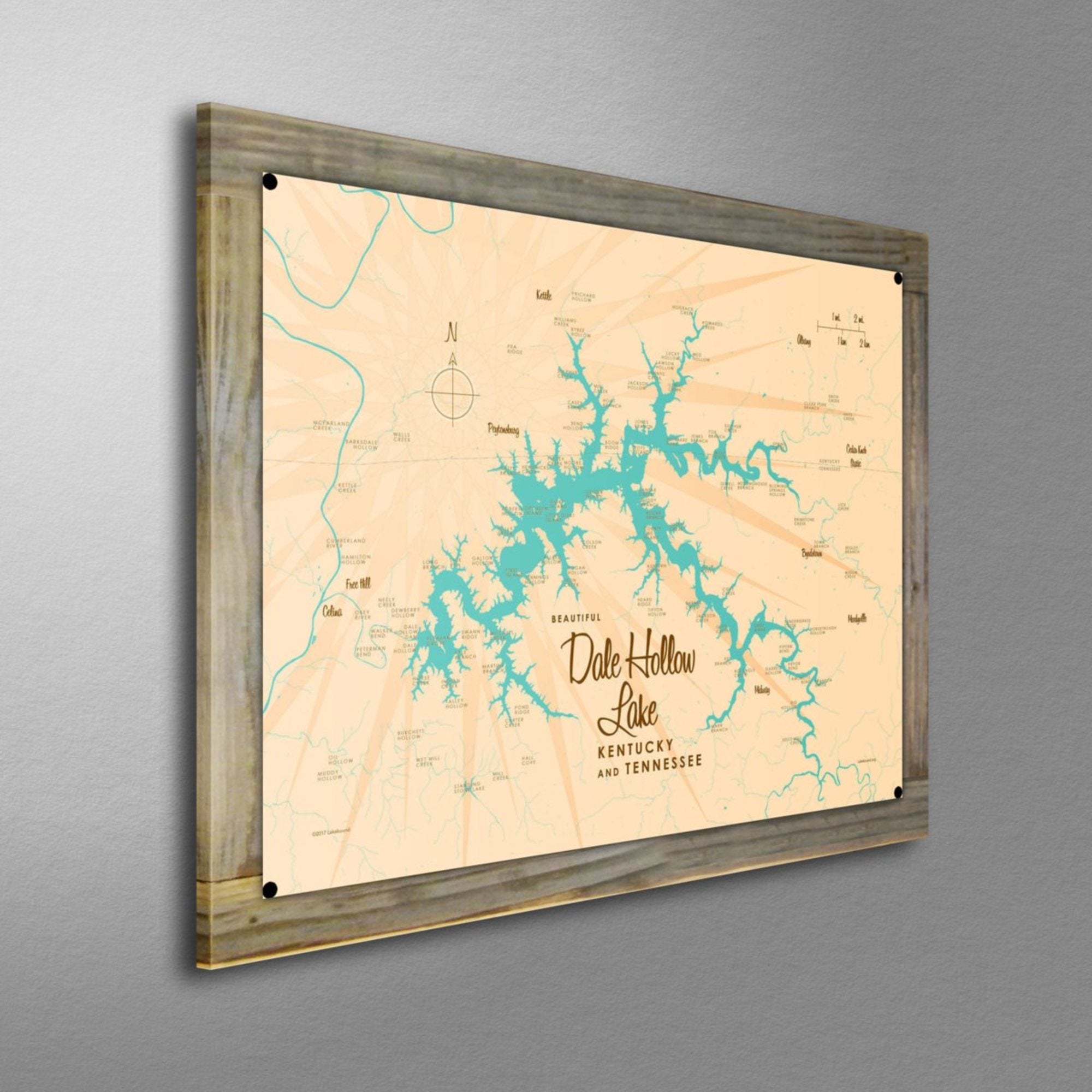 Dale Hollow Lake Kentucky Tennessee, Wood-Mounted Metal Sign Map Art