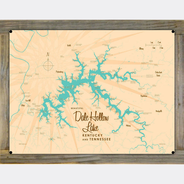 Dale Hollow Lake Kentucky Tennessee, Wood-Mounted Metal Sign Map Art