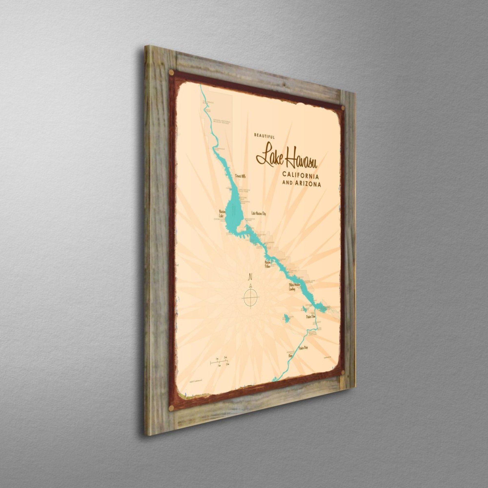 Lake Havasu California Arizona, Wood-Mounted Rustic Metal Sign Map Art
