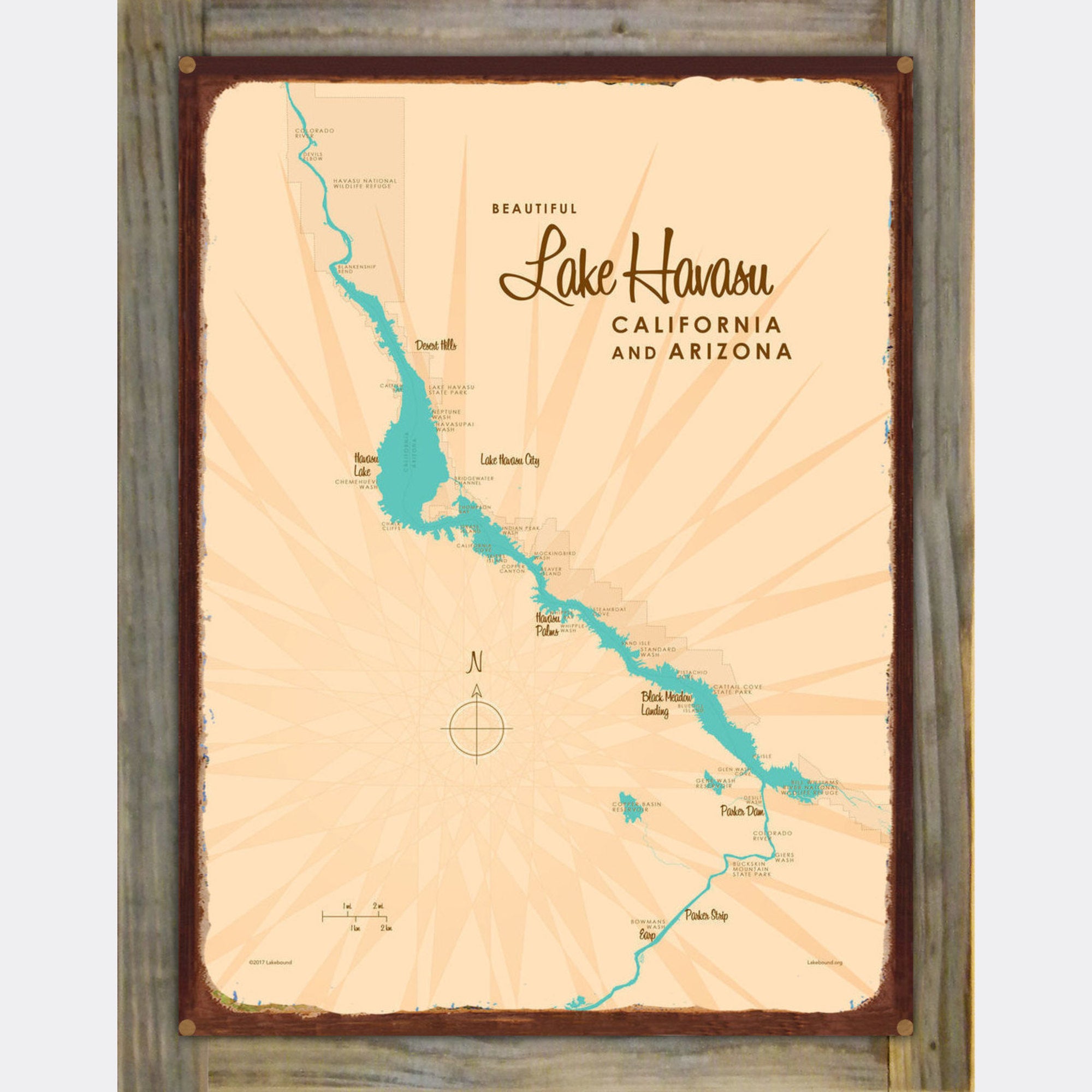 Lake Havasu California Arizona, Wood-Mounted Rustic Metal Sign Map Art