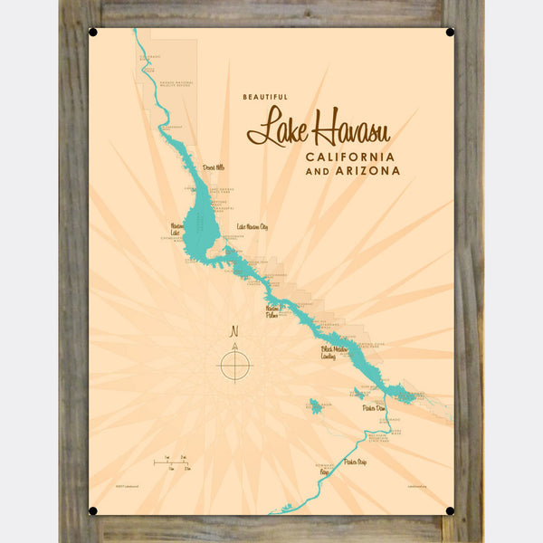 Lake Havasu California Arizona, Wood-Mounted Metal Sign Map Art