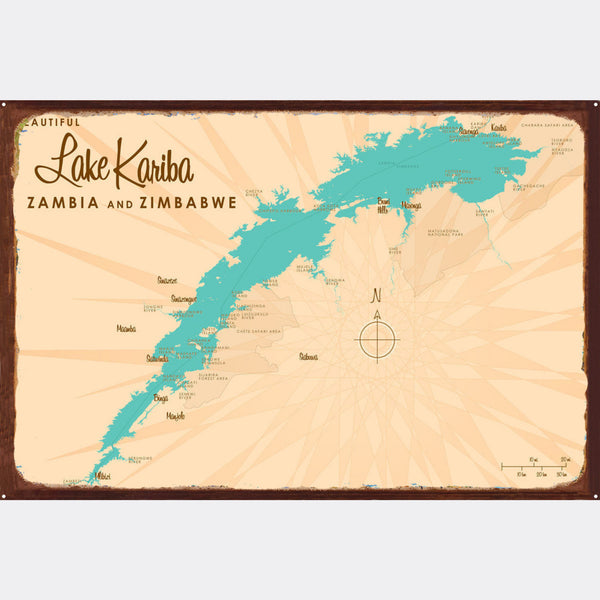 Lake Kariba Zambia Zimbabwe, Rustic Metal Sign Map Art