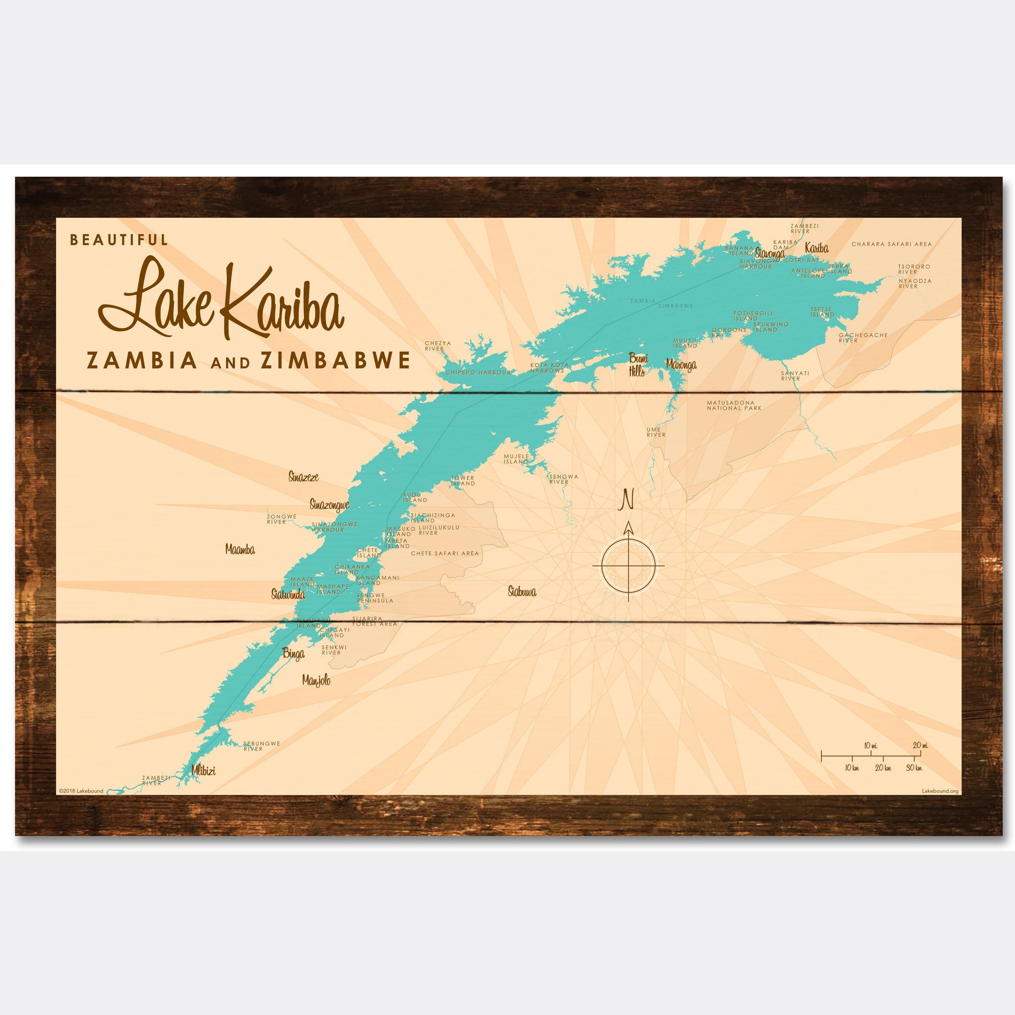 Lake Kariba, Zambia & Zimbabwe, Rustic Wood Sign Map Art