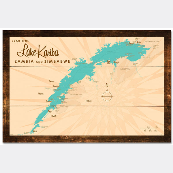 Lake Kariba, Zambia & Zimbabwe, Rustic Wood Sign Map Art