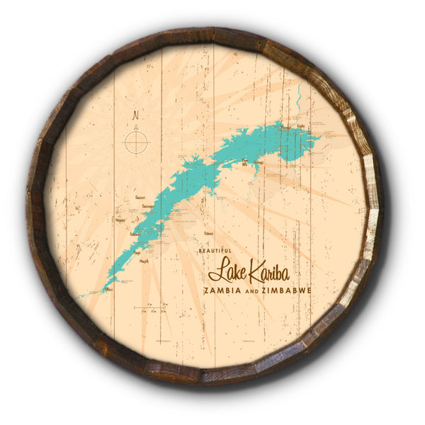 Lake Kariba, Zambia & Zimbabwe, Rustic Barrel End Map Art