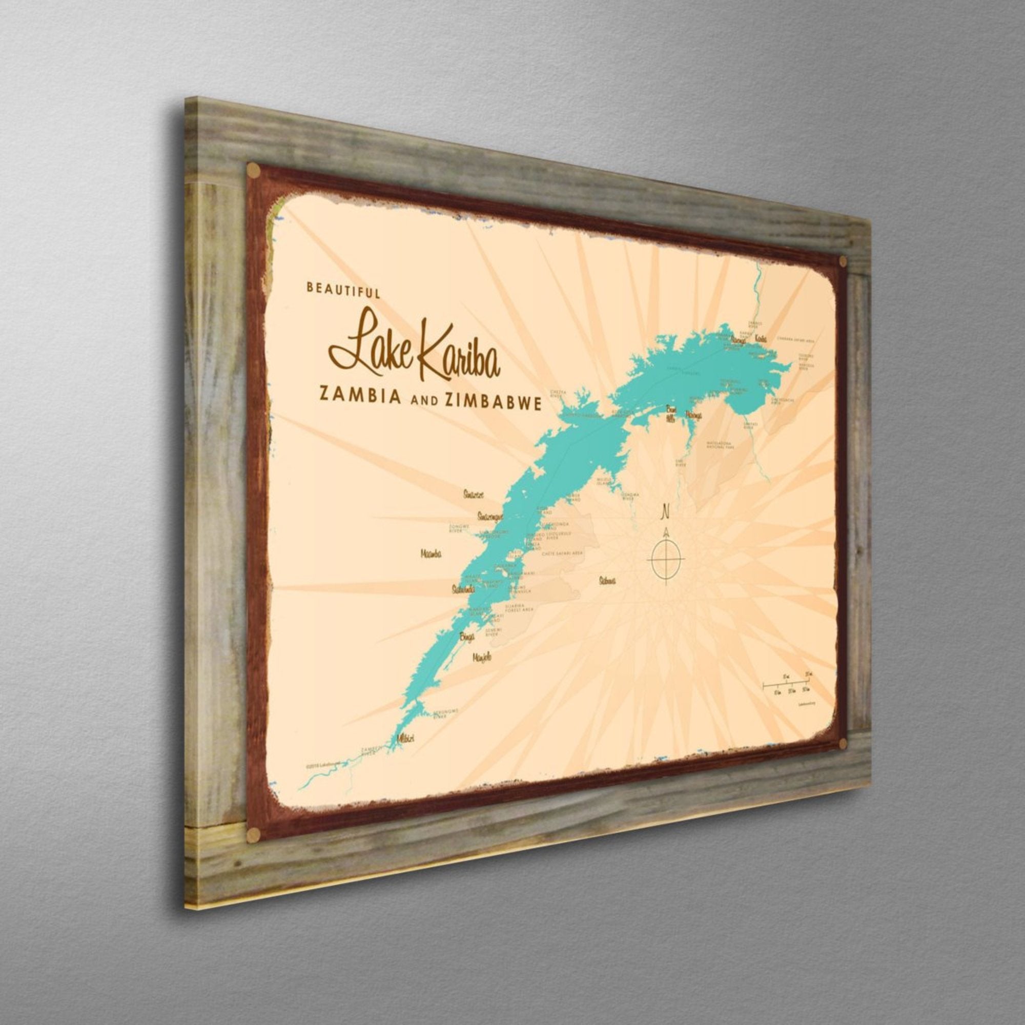 Lake Kariba Zambia Zimbabwe, Wood-Mounted Rustic Metal Sign Map Art