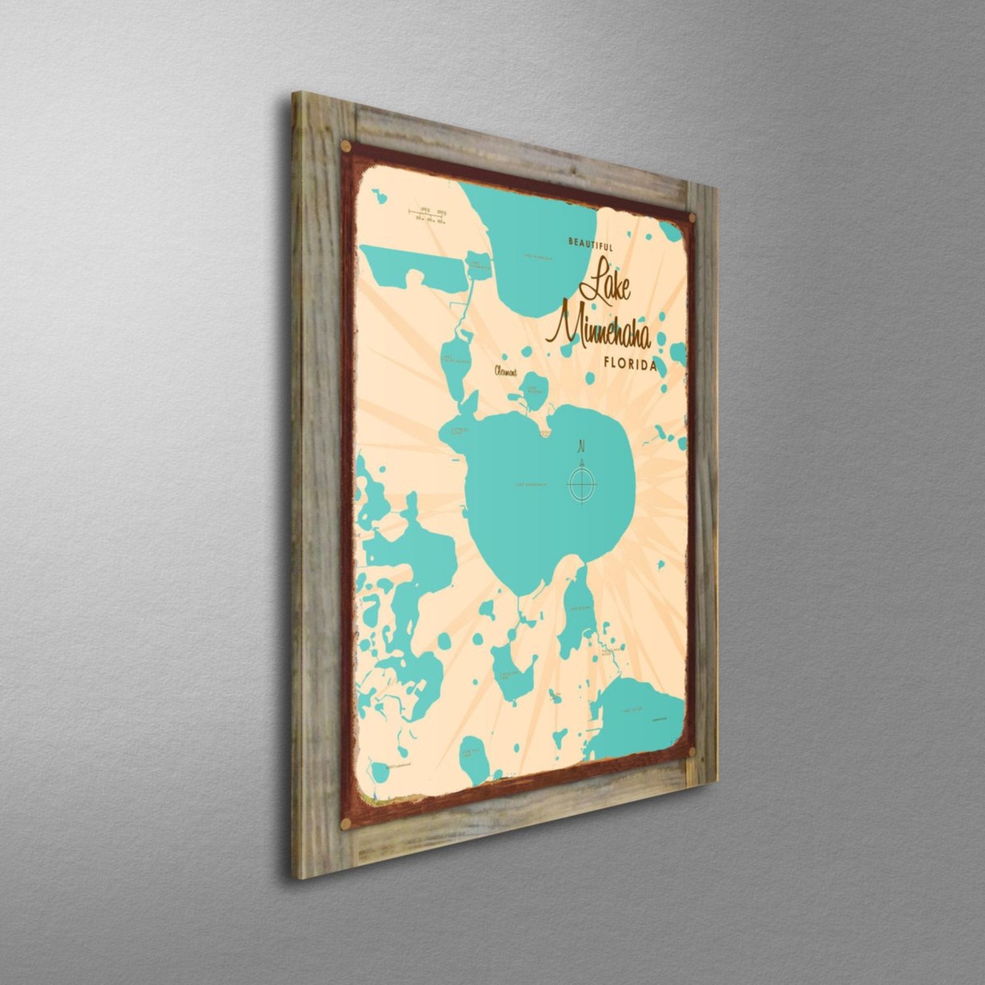 Lake Minnehaha Florida, Wood-Mounted Rustic Metal Sign Map Art