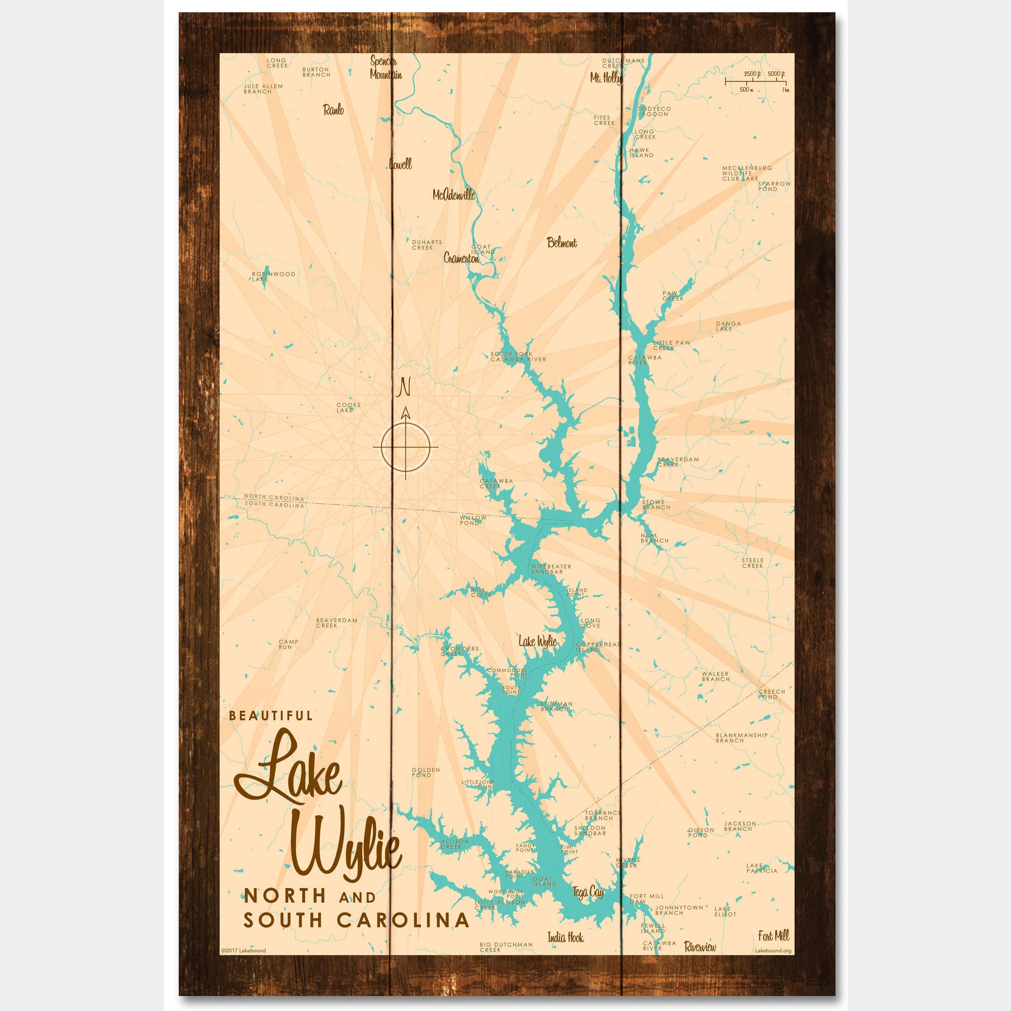 Lake Wylie, Carolinas, Rustic Wood Sign Map Art