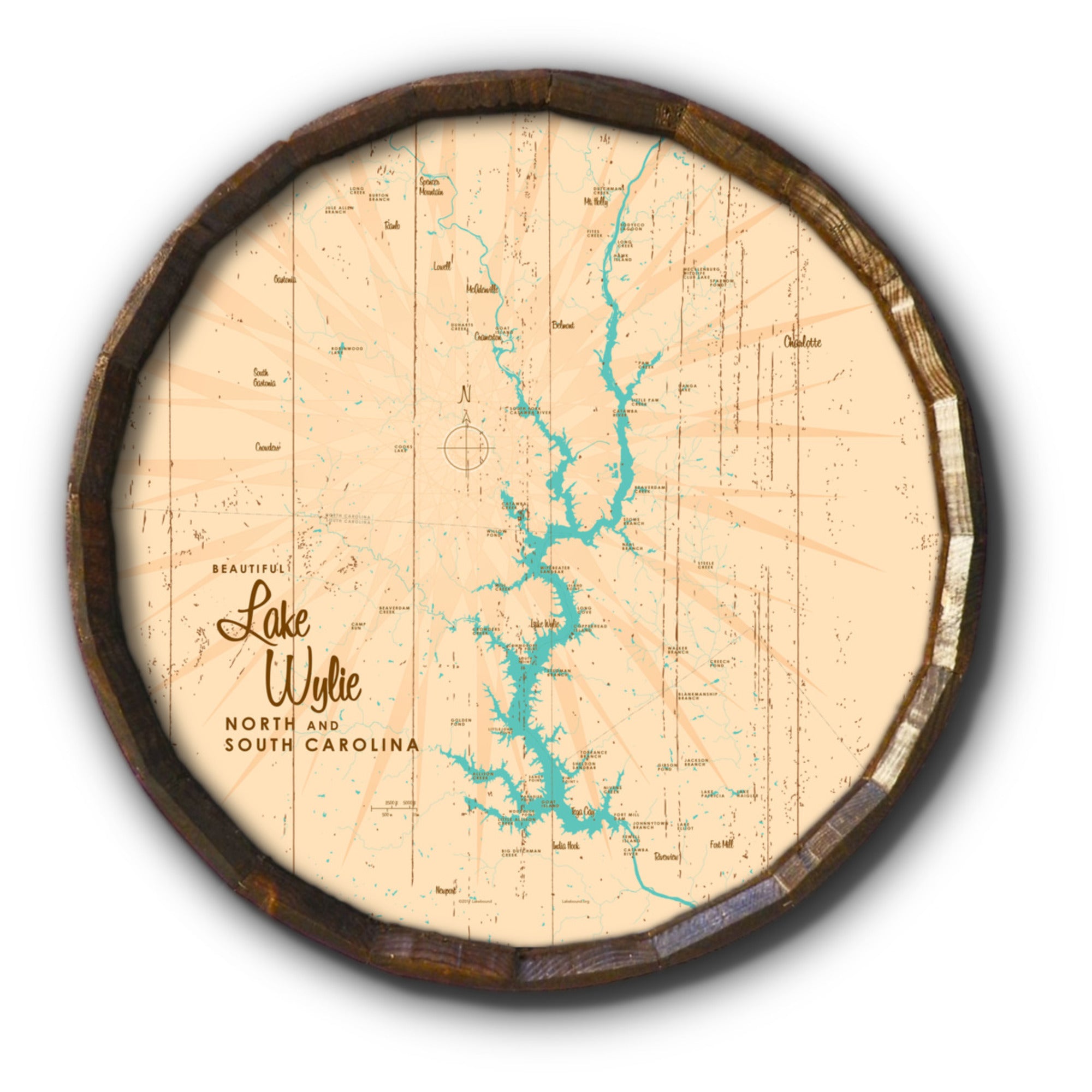 Lake Wylie, Carolinas, Rustic Barrel End Map Art