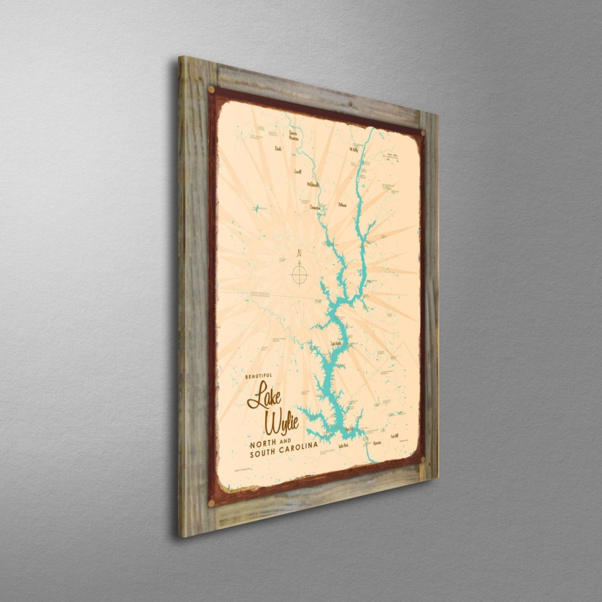 Lake Wylie North and South Carolina, Wood-Mounted Rustic Metal Sign Map Art