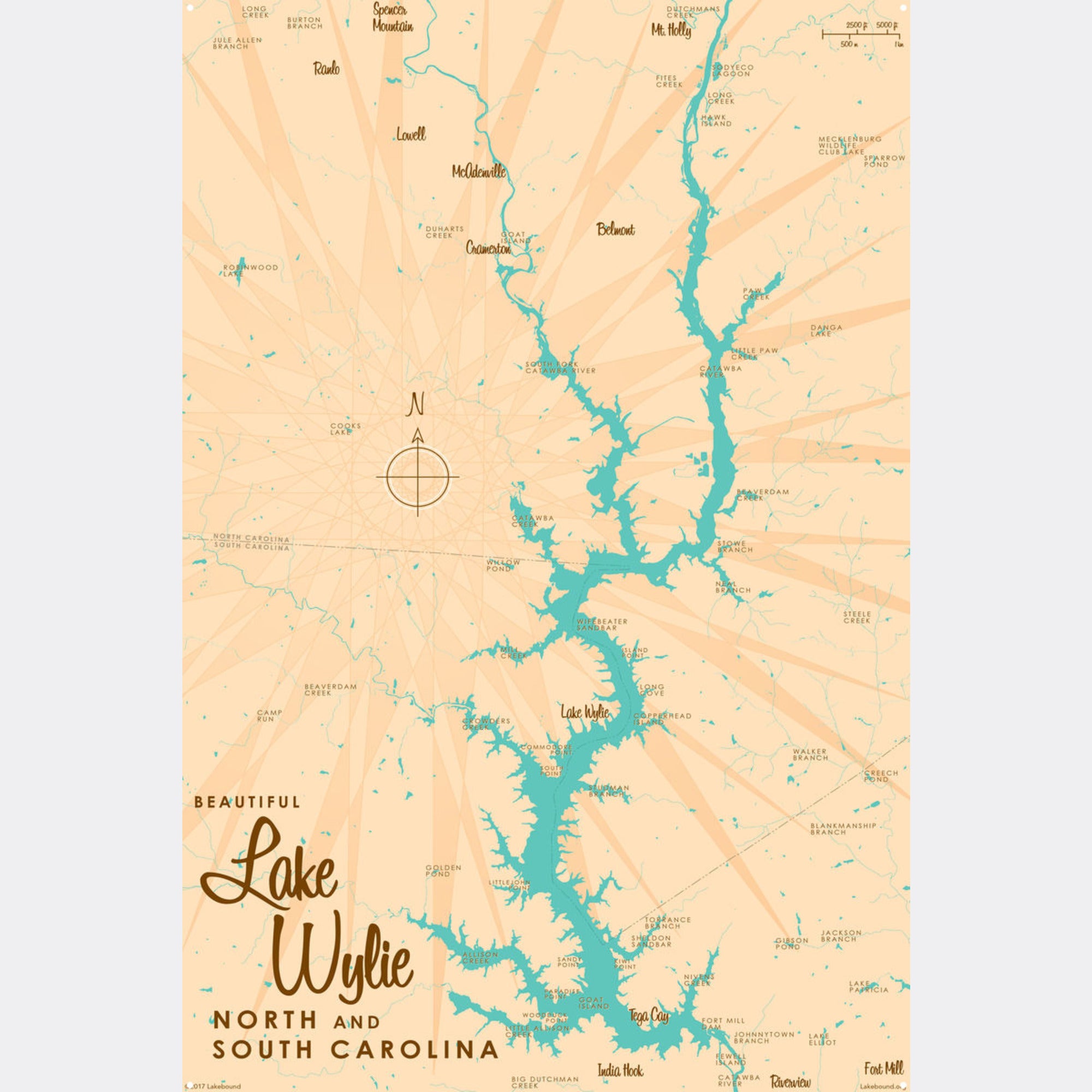 Lake Wylie North and South Carolina, Metal Sign Map Art