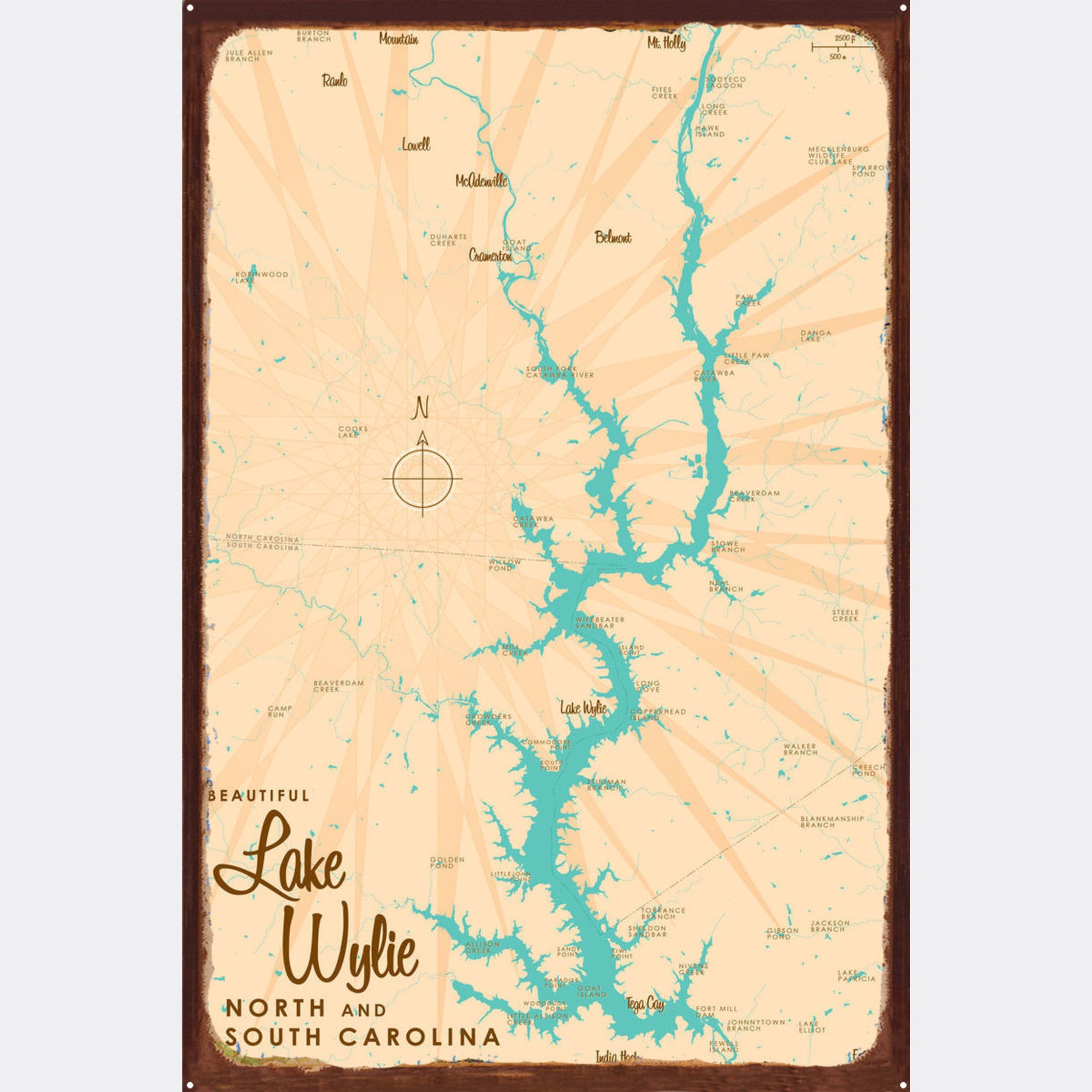 Lake Wylie North and South Carolina, Rustic Metal Sign Map Art