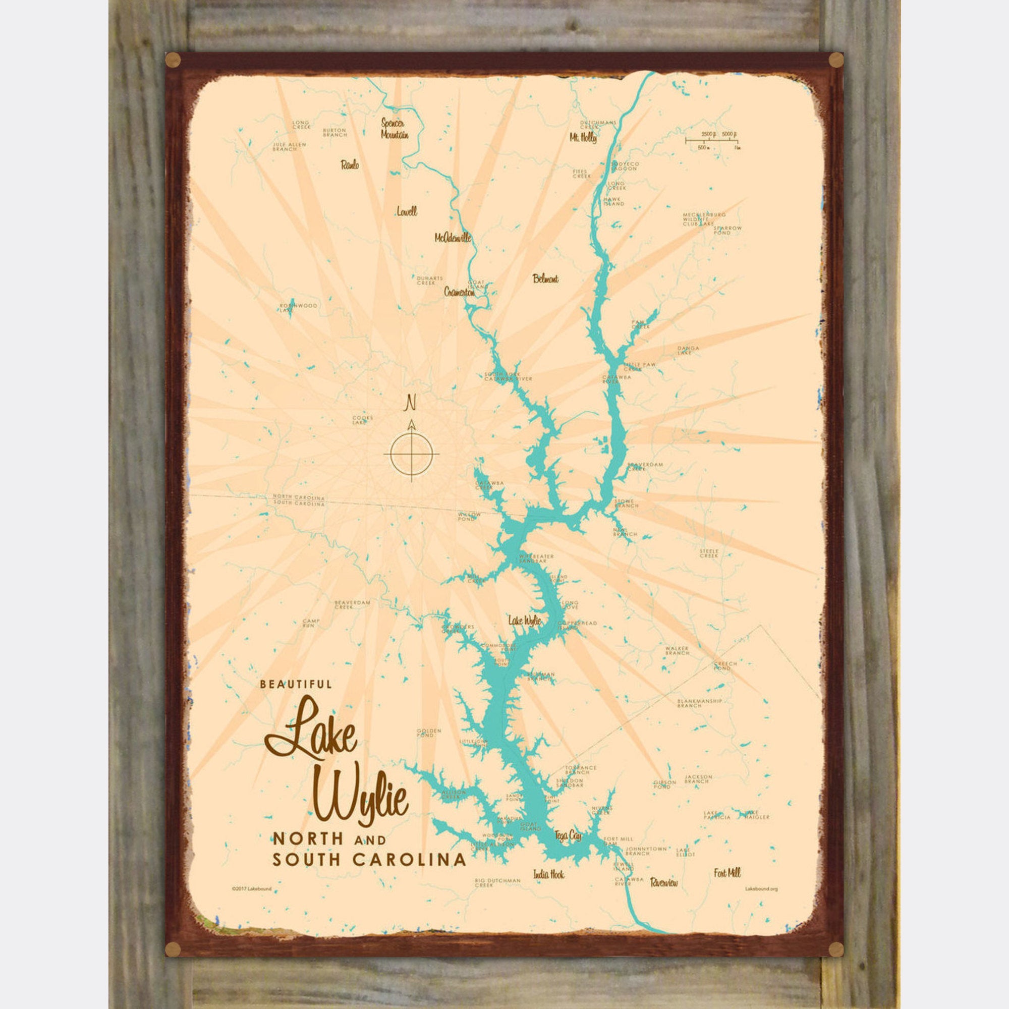 Lake Wylie North and South Carolina, Wood-Mounted Rustic Metal Sign Map Art