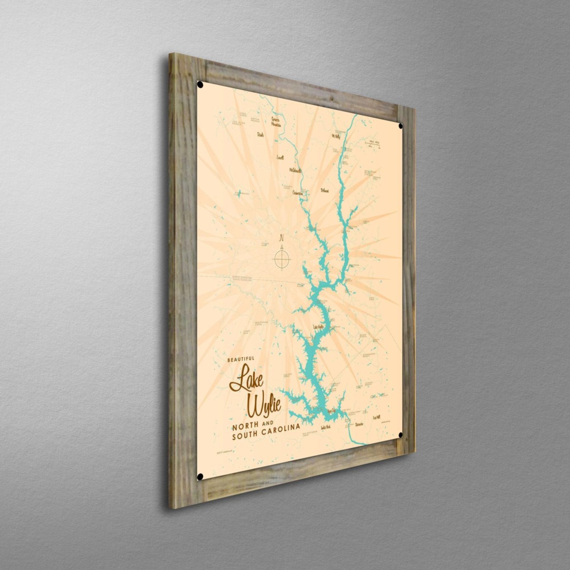Lake Wylie North and South Carolina, Wood-Mounted Metal Sign Map Art