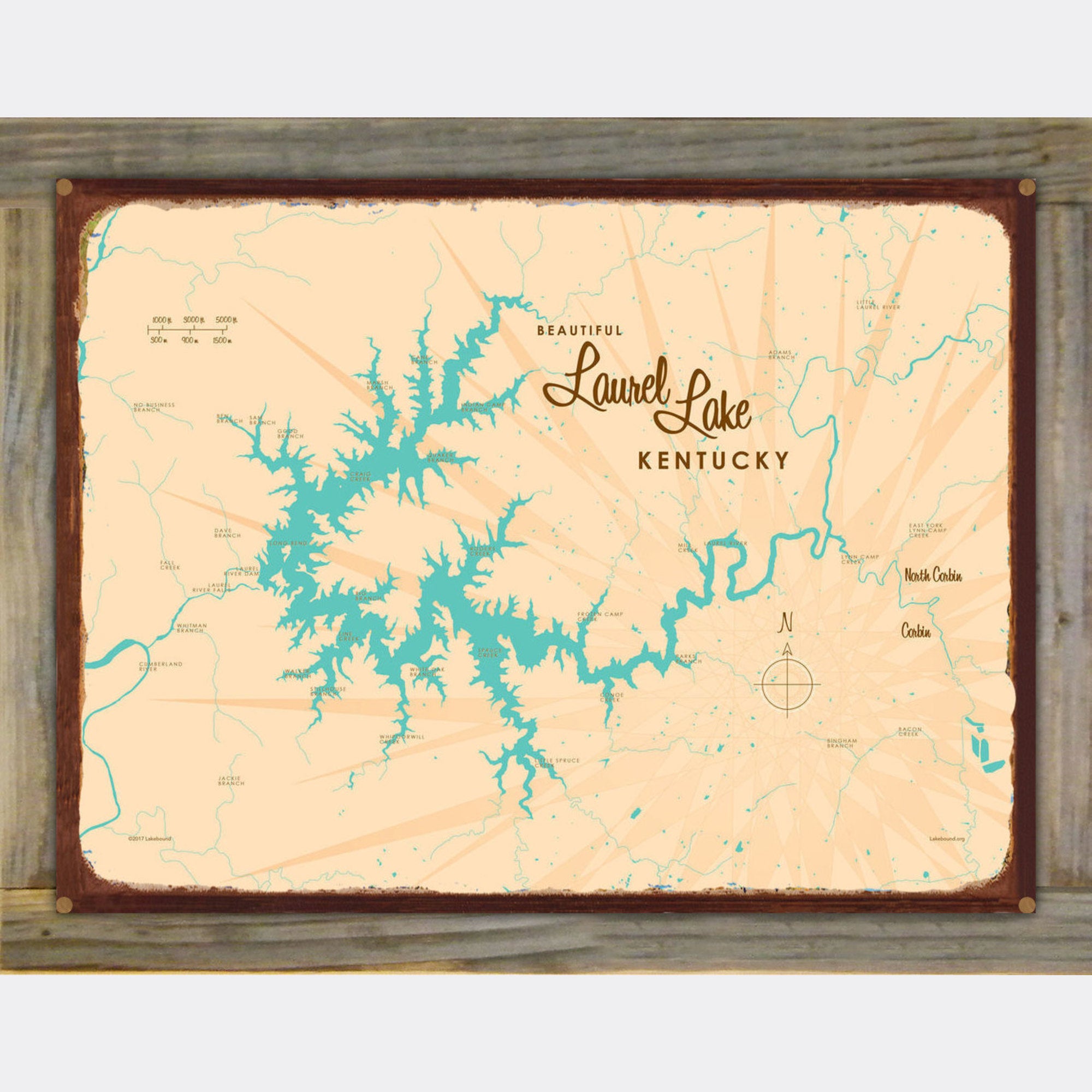 Laurel Lake Kentucky, Wood-Mounted Rustic Metal Sign Map Art