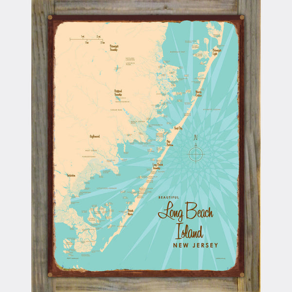 Long Beach Island New Jersey, Wood-Mounted Rustic Metal Sign Map Art