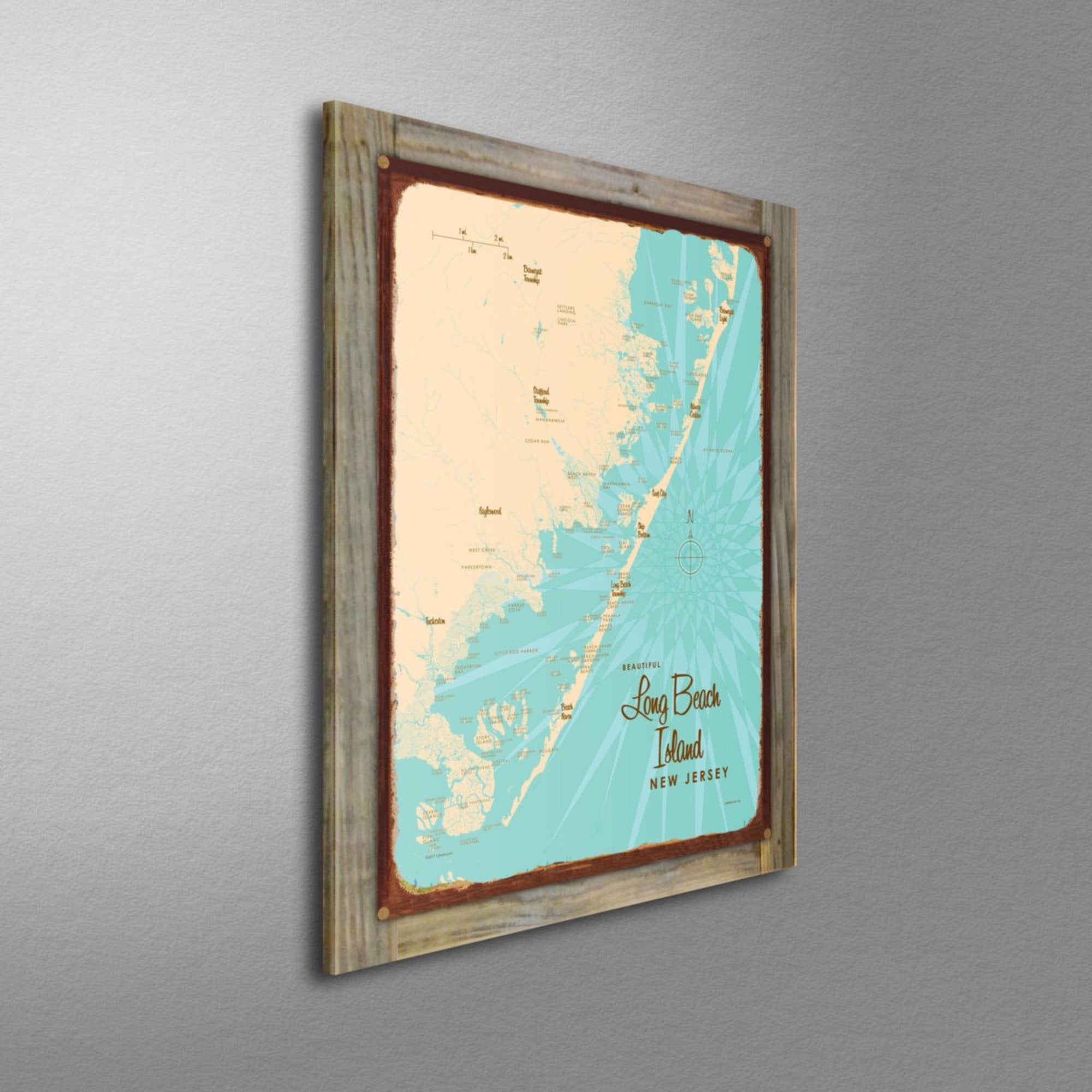 Long Beach Island New Jersey, Wood-Mounted Rustic Metal Sign Map Art