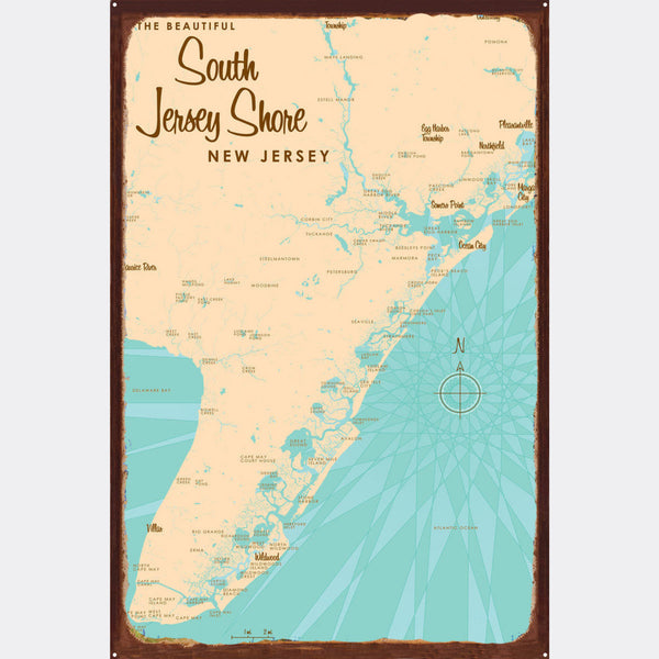 South Jersey Shore New Jersey, Rustic Metal Sign Map Art