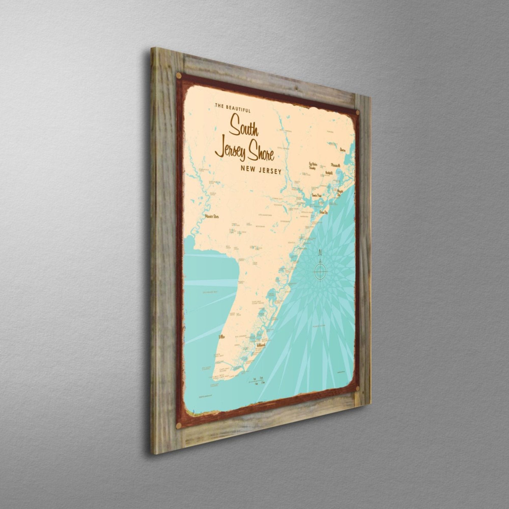 South Jersey Shore New Jersey, Wood-Mounted Rustic Metal Sign Map Art