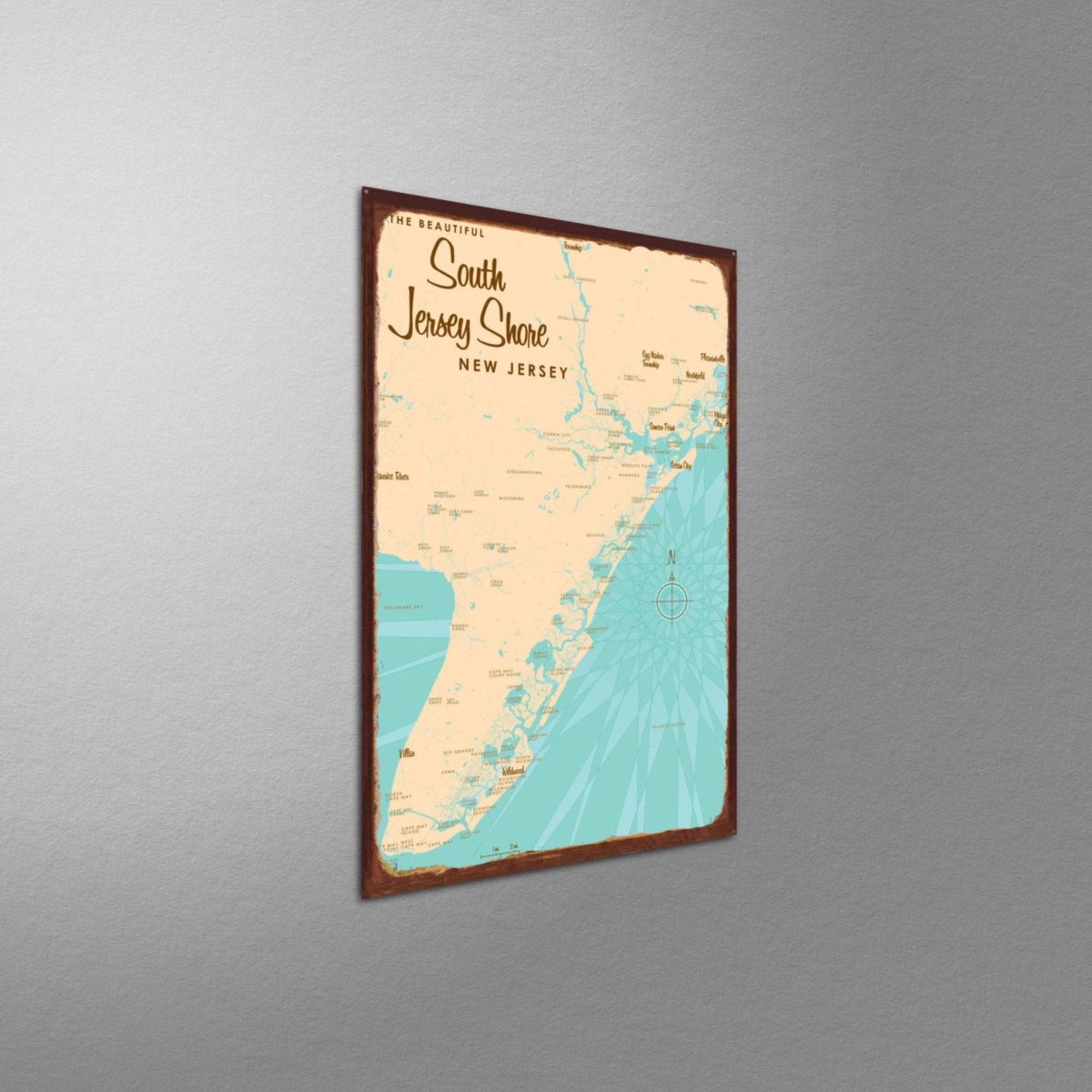 South Jersey Shore New Jersey, Rustic Metal Sign Map Art