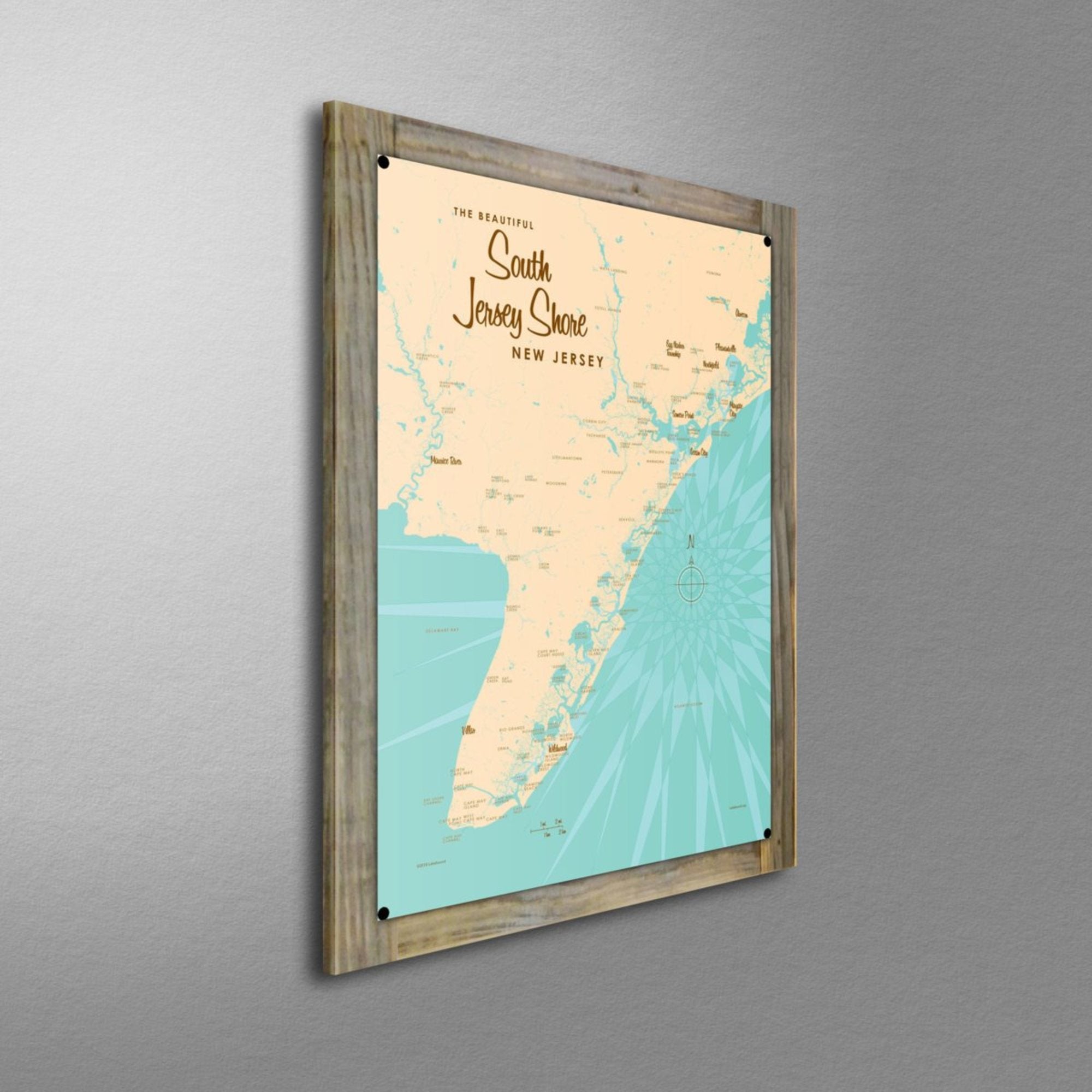 South Jersey Shore New Jersey, Wood-Mounted Metal Sign Map Art