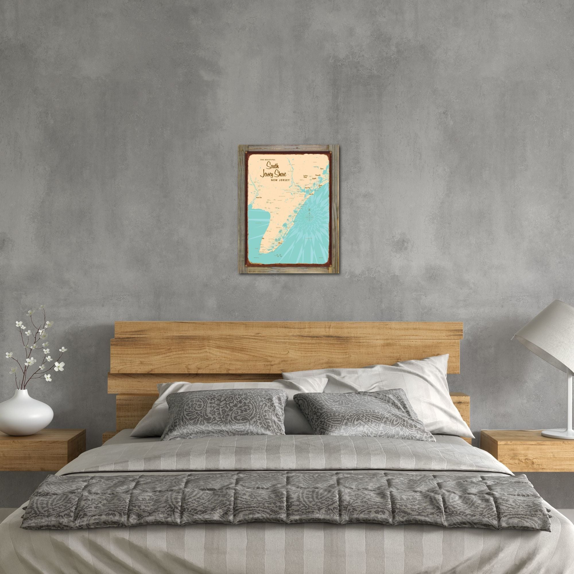 South Jersey Shore New Jersey, Wood-Mounted Rustic Metal Sign Map Art