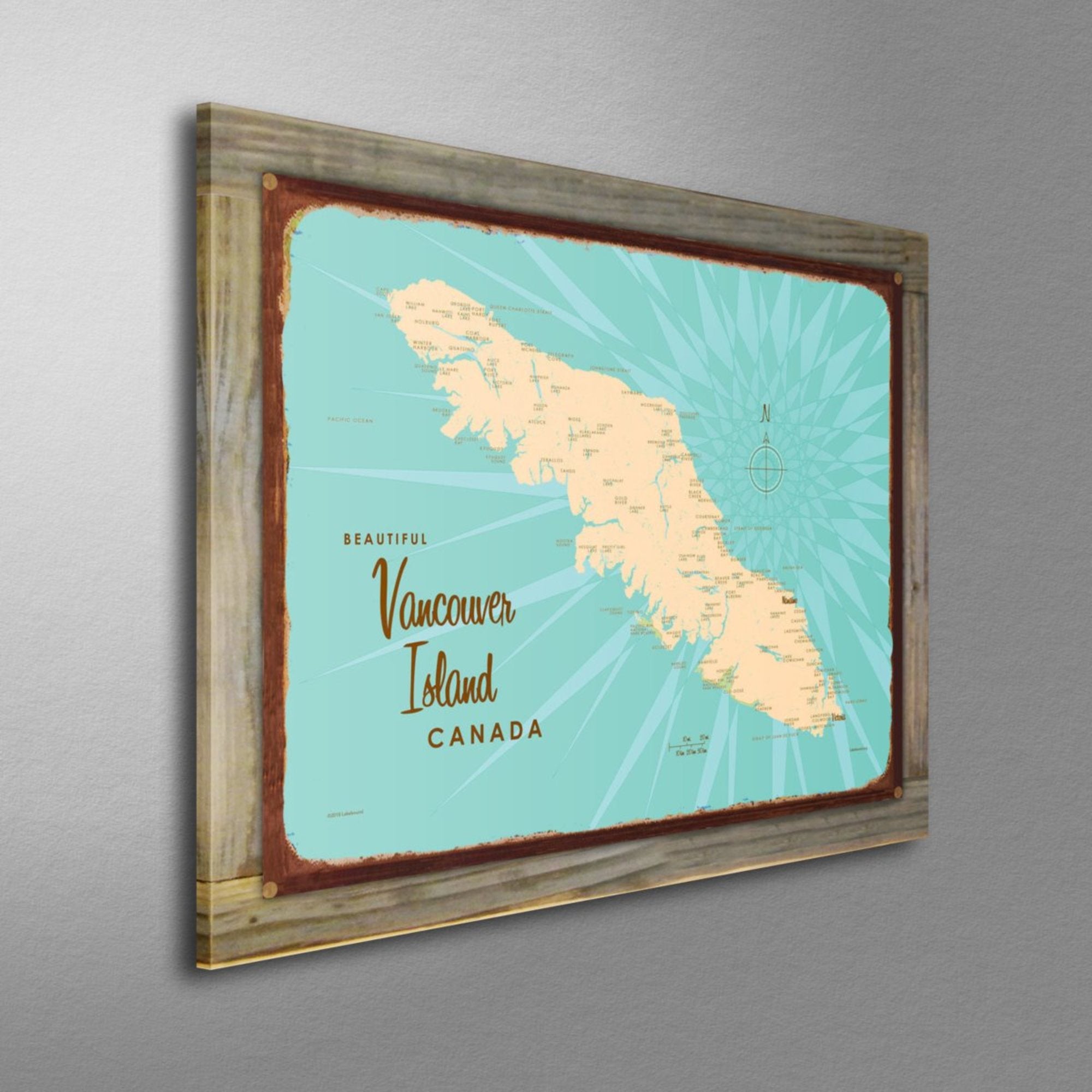 Vancouver Island Canada, Wood-Mounted Rustic Metal Sign Map Art