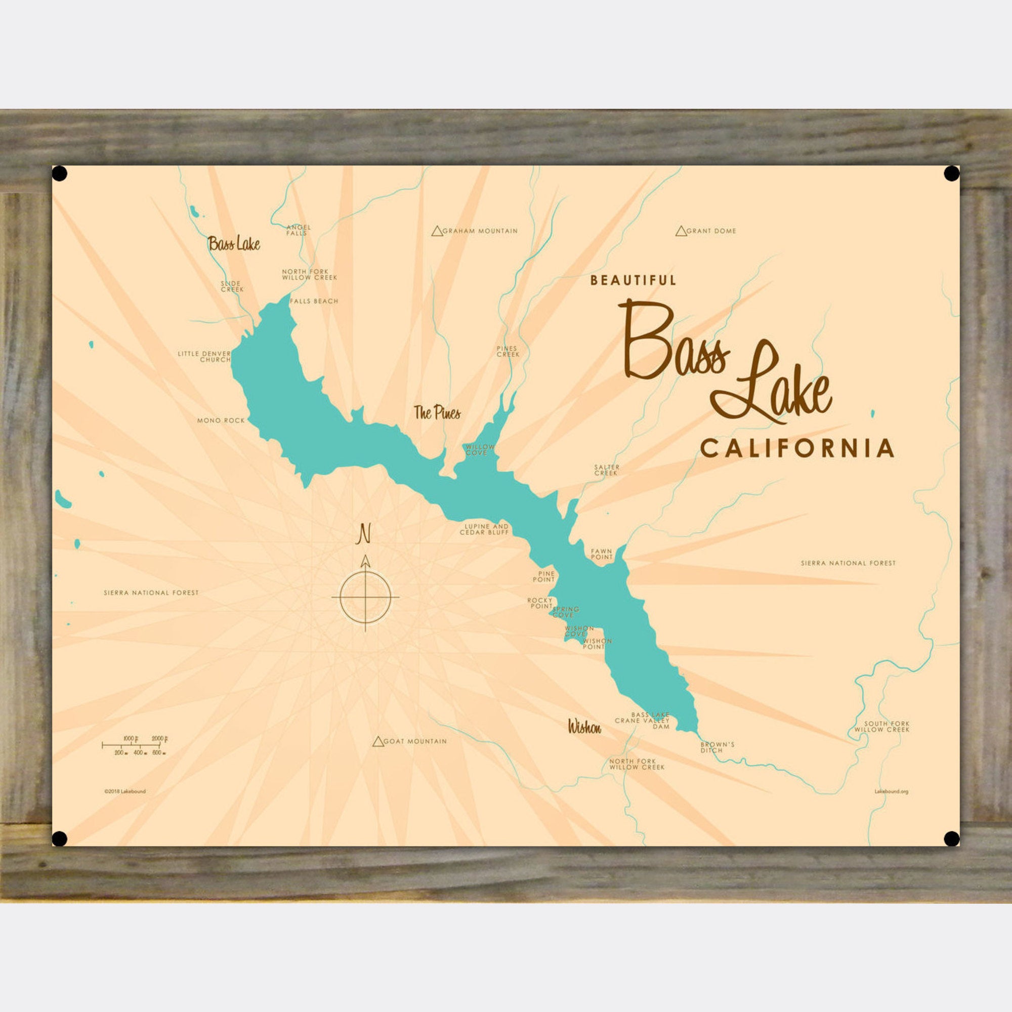 Bass Lake California, Wood-Mounted Metal Sign Map Art