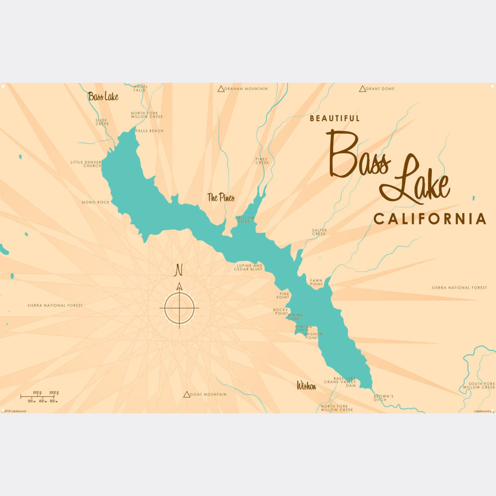 Bass Lake California, Metal Sign Map Art