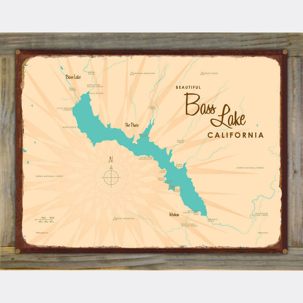 Bass Lake California, Wood-Mounted Rustic Metal Sign Map Art