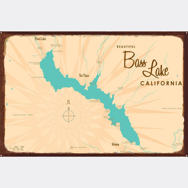 Bass Lake California, Rustic Metal Sign Map Art