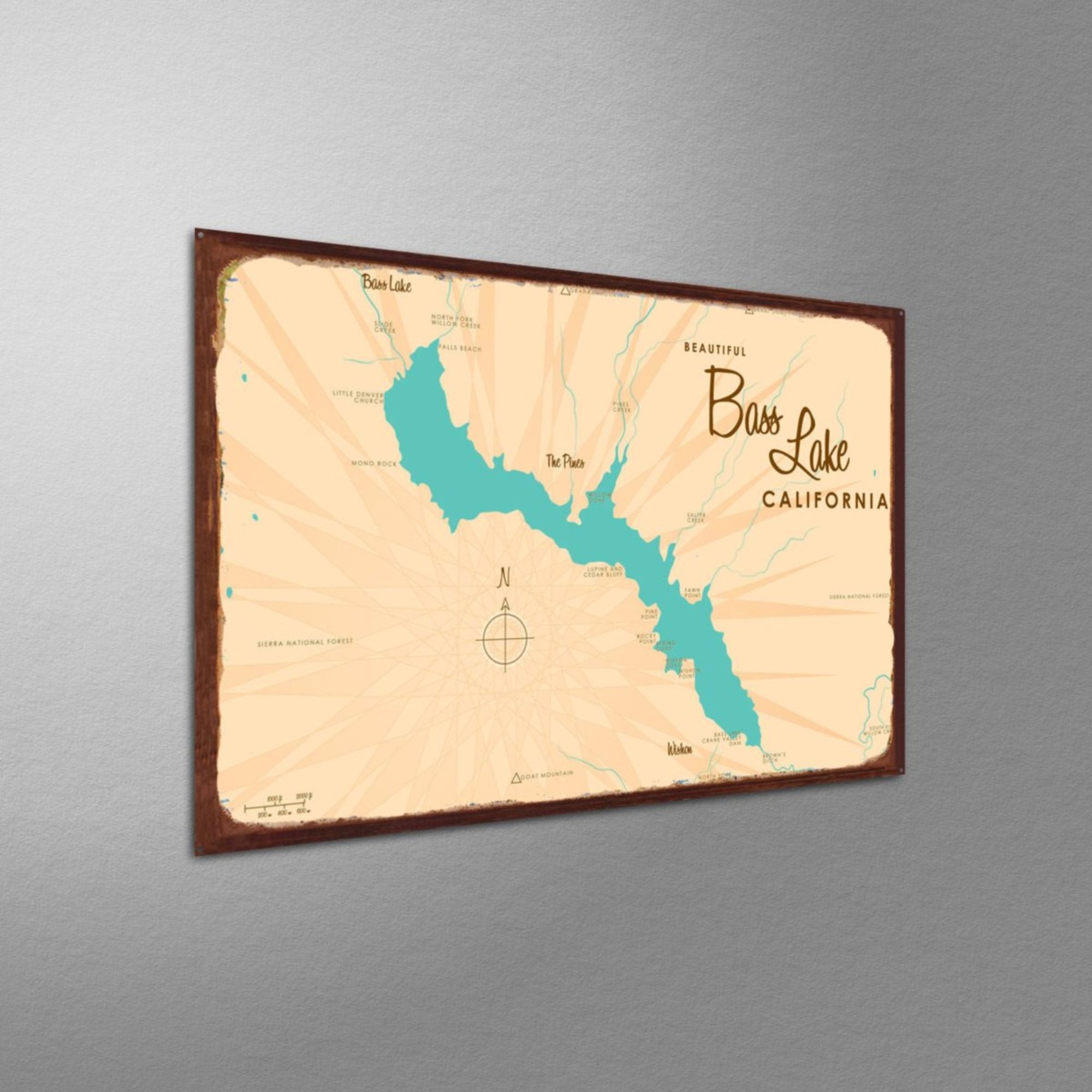 Bass Lake California, Rustic Metal Sign Map Art