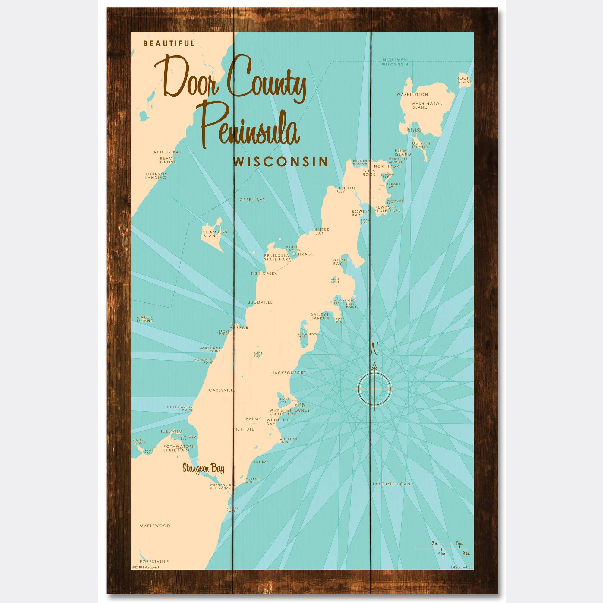 Door County Peninsula Wisconsin, Rustic Wood Sign Map Art