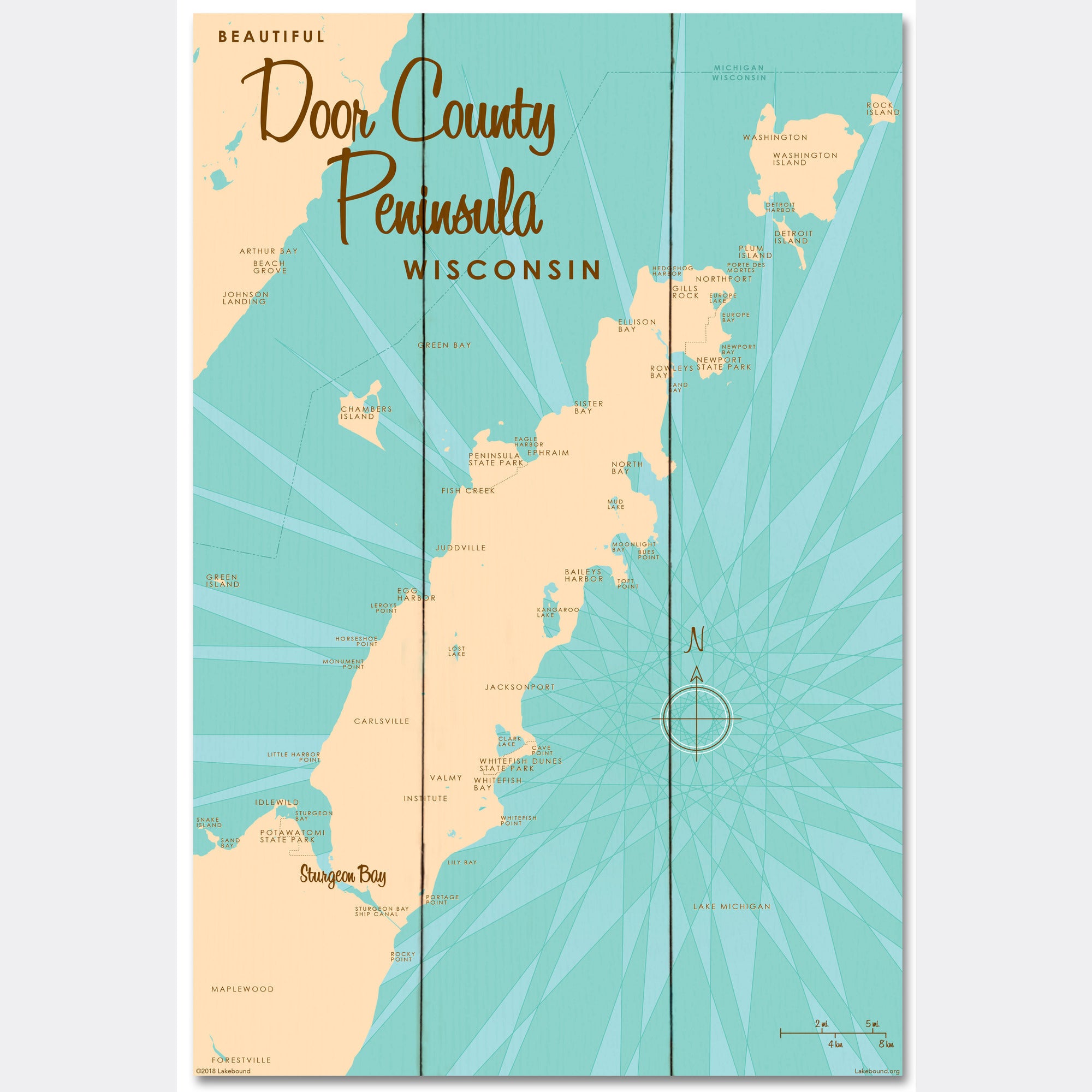 Door County Peninsula Wisconsin, Wood Sign Map Art