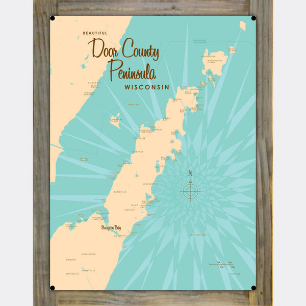 Door County Peninsula Wisconsin, Wood-Mounted Metal Sign Map Art