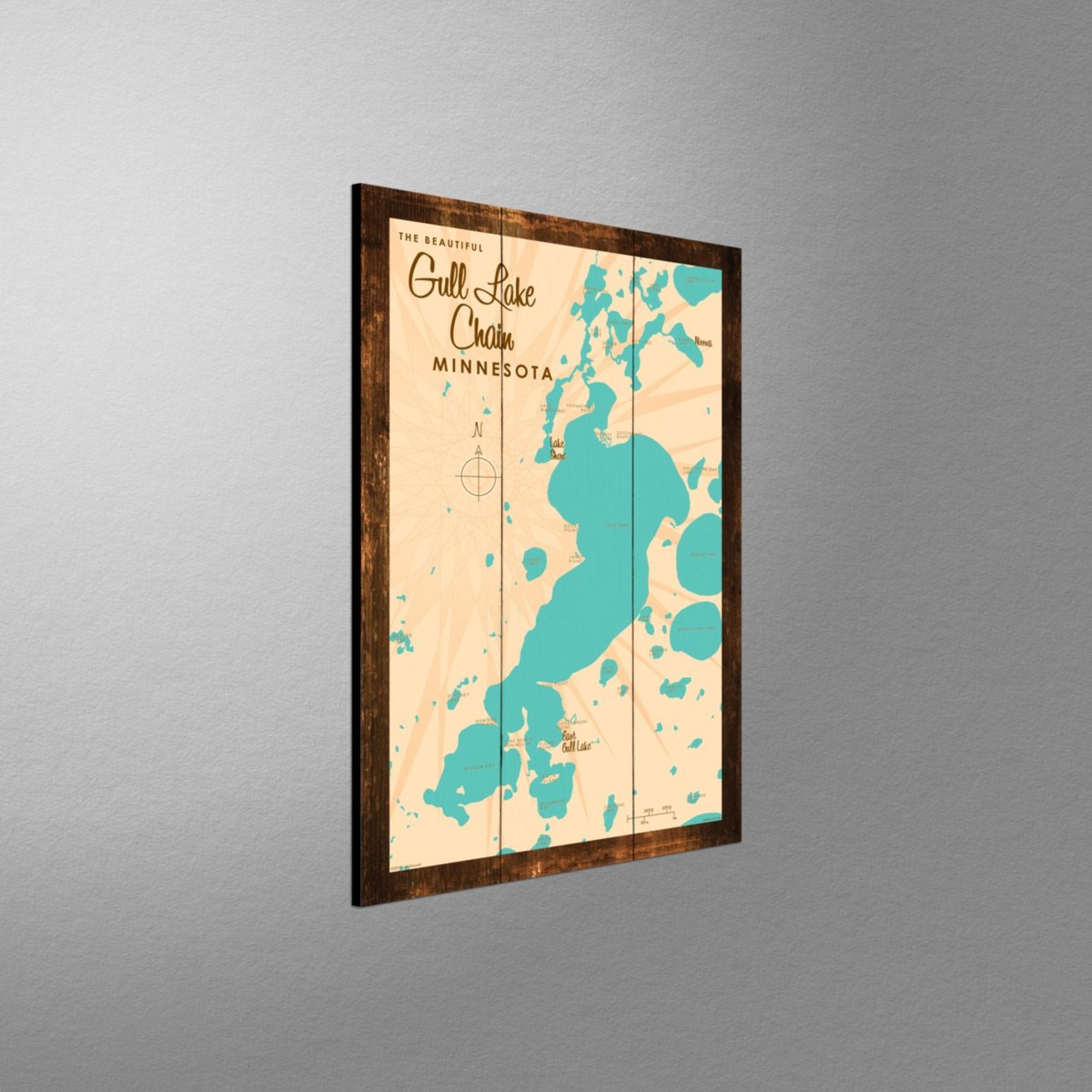 Gull Lake Chain Minnesota, Rustic Wood Sign Map Art