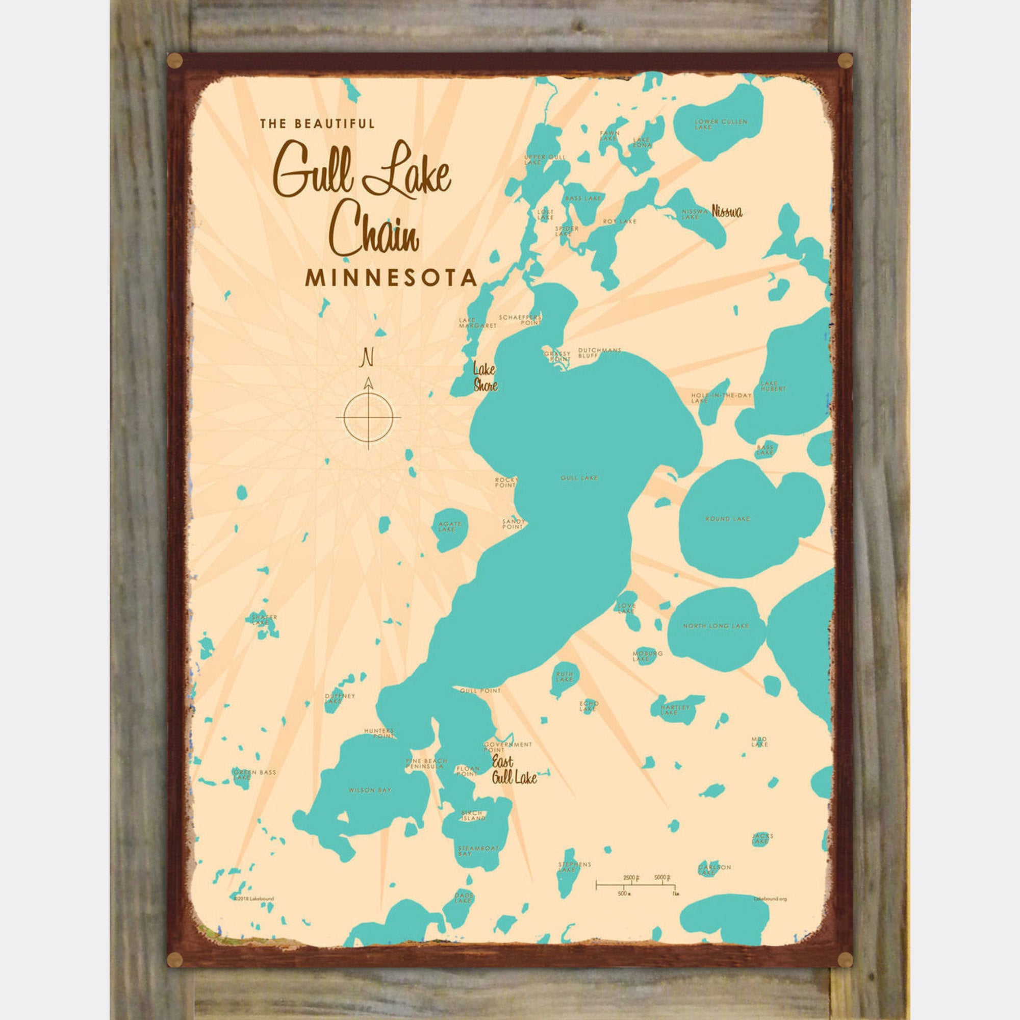 Gull Lake Chain Minnesota, Wood-Mounted Rustic Metal Sign Map Art