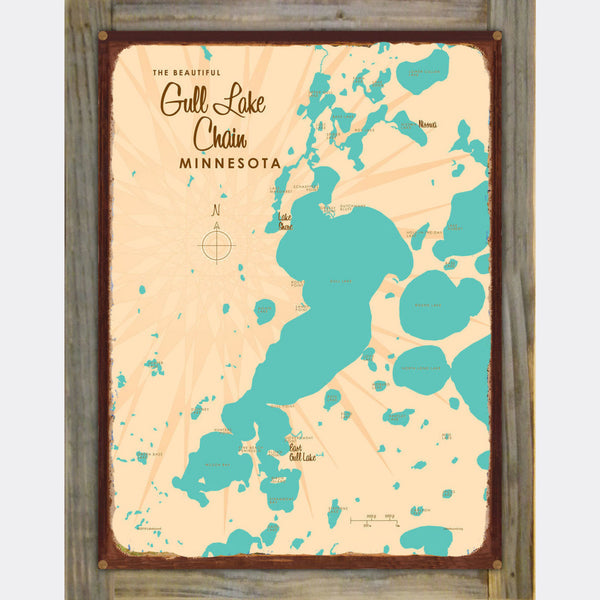 Gull Lake Chain Minnesota, Wood-Mounted Rustic Metal Sign Map Art