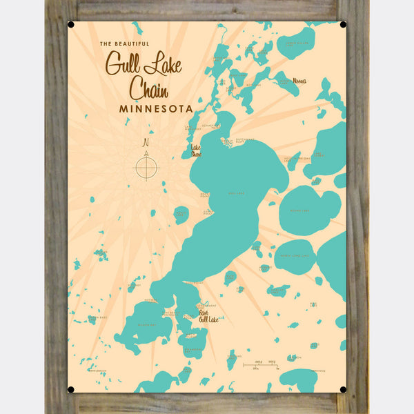 Gull Lake Chain Minnesota, Wood-Mounted Metal Sign Map Art