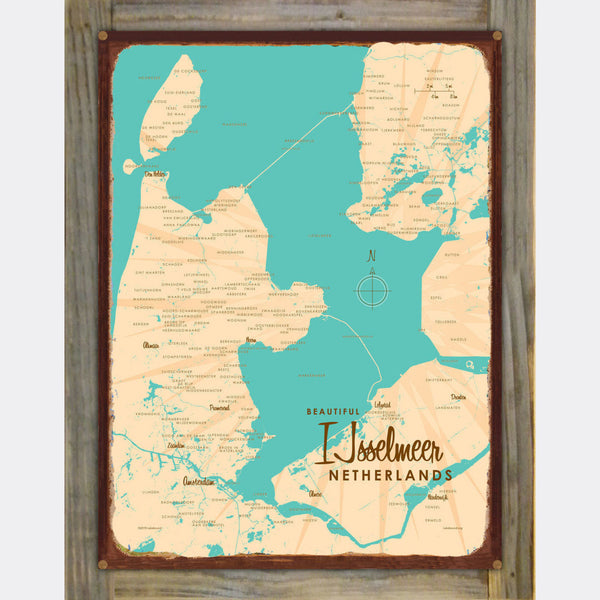 IJsselmeer Netherlands, Wood-Mounted Rustic Metal Sign Map Art